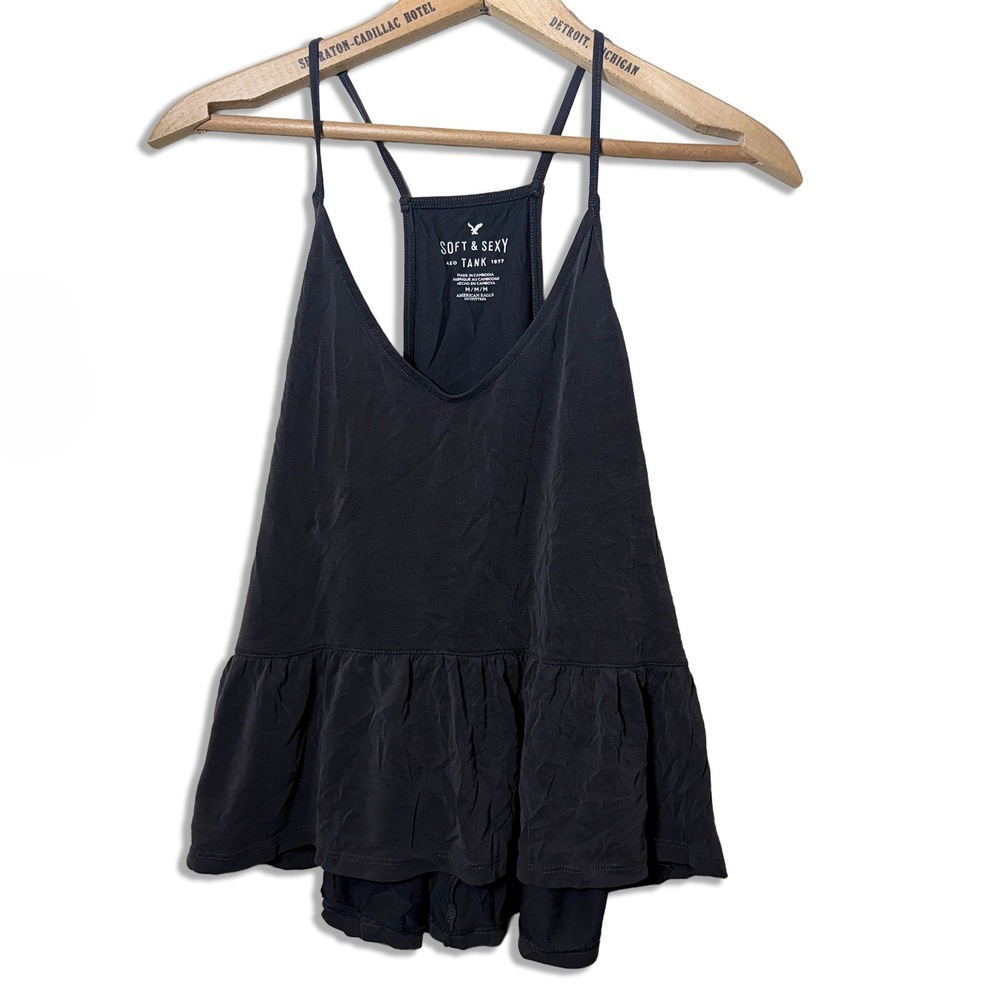 American Eagle Soft Sexy Tank Gray Peplum Womens Medium Strappy Loosefit Grunge